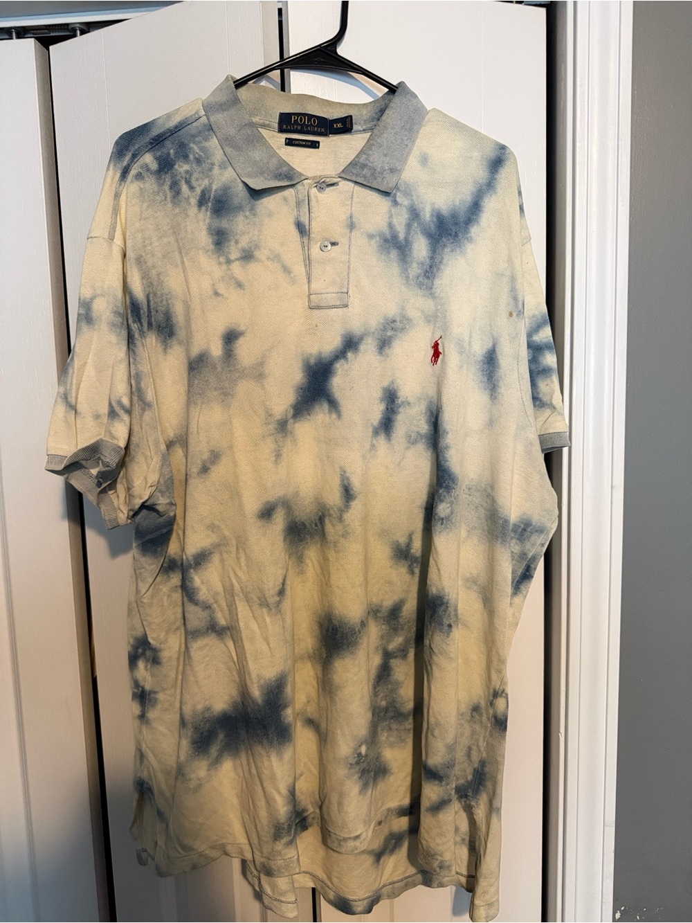 Polo by Ralph Lauren Cream and Blue Tie-Dye Polo Shirt with Red Logo